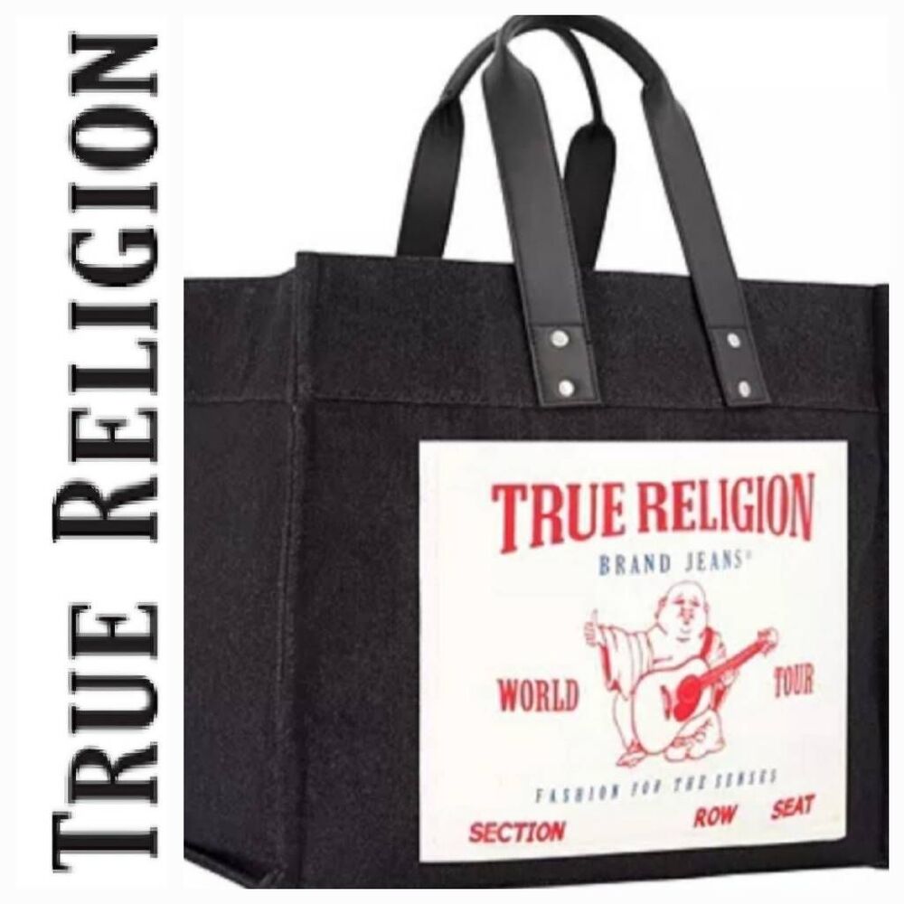 True Religion Black Canvas Tote Bag with Red Logo Patch